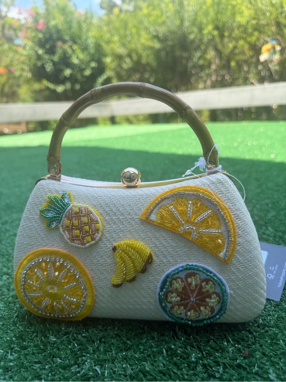 Haute Hippie Cream Mini Straw Top-Handle Bag with Yellow Fruit Appliqués - Picture 1 of 3